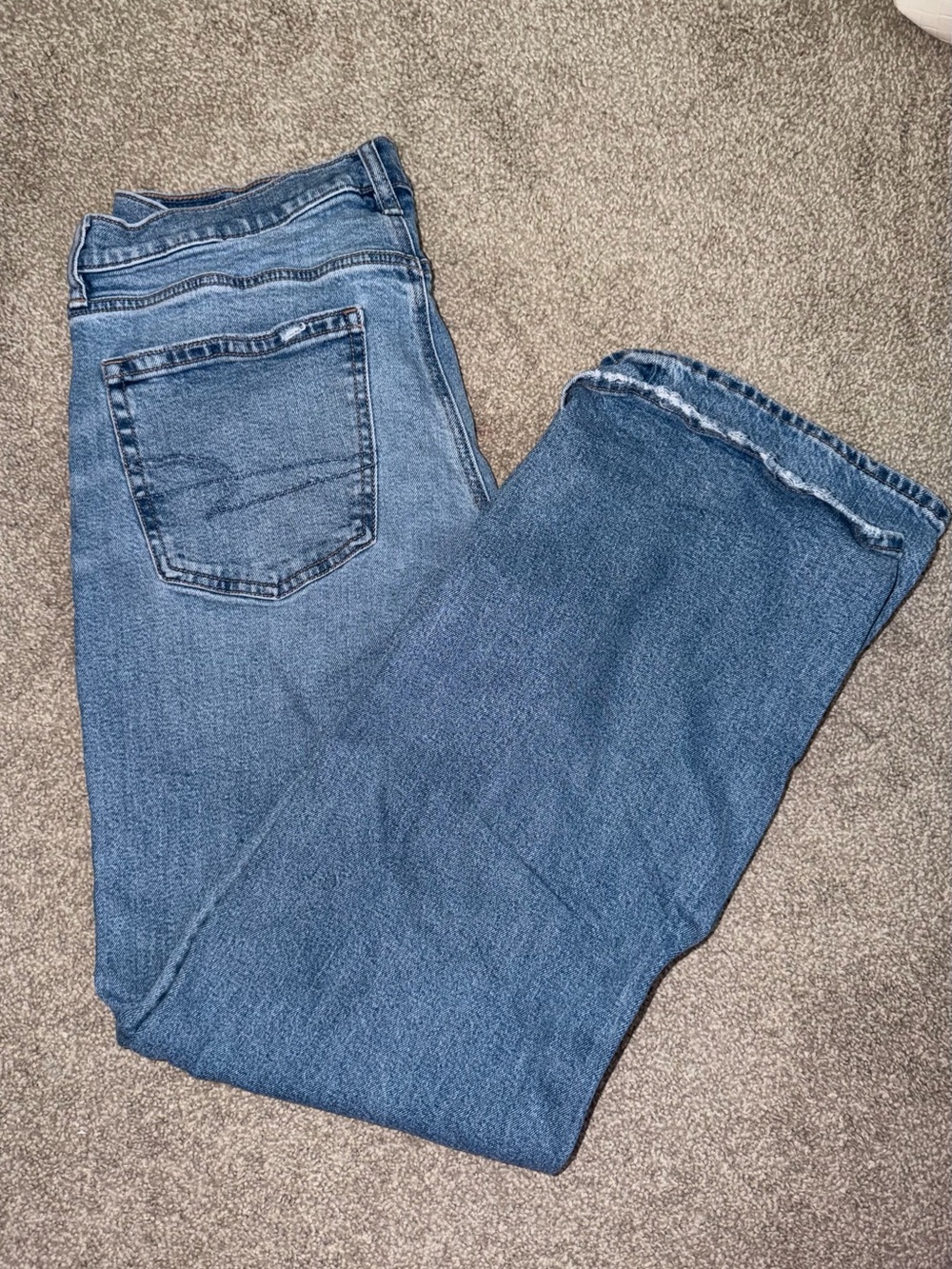 American Eagle Outfitters TALL Blue Straight-Leg Jeans with Raw Hem